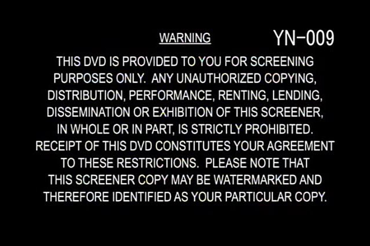 A screencap of the bootleg Your Name DVD showing the content owner's warning to would-be leakers, and a statement that the video is for screening purposes only