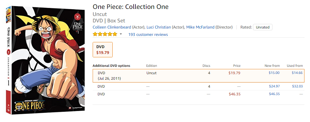 A screencap of an official One Piece DVD being sold on Amazon