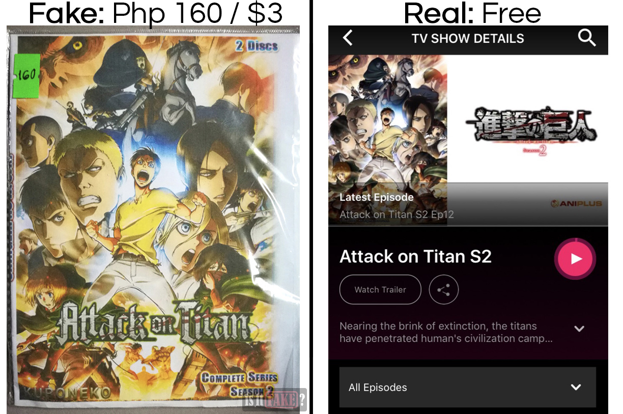 Fake Attack on Titan S2 vs. official Attack on Titan S2 on Tribe, with difference in prices shown