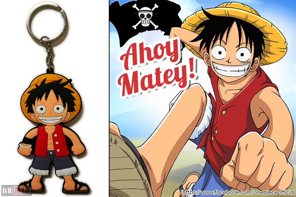 The fake One Piece Luffy keychain, out of its packaging, next to an image of Luffy from the official One Piece Facebook site
