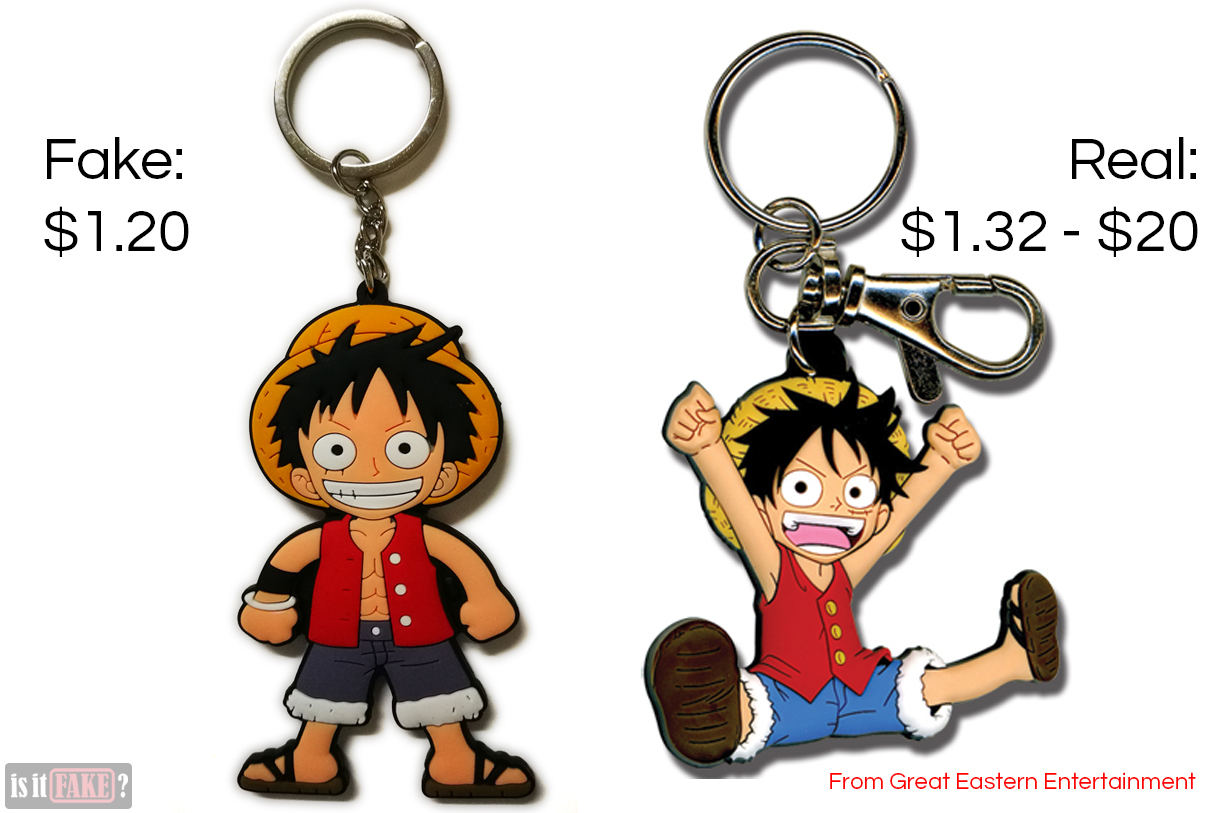 A side by side comparison between the fake One Piece Luffy keychain and Great Eastern Entertainment's One Piece Luffy keychain