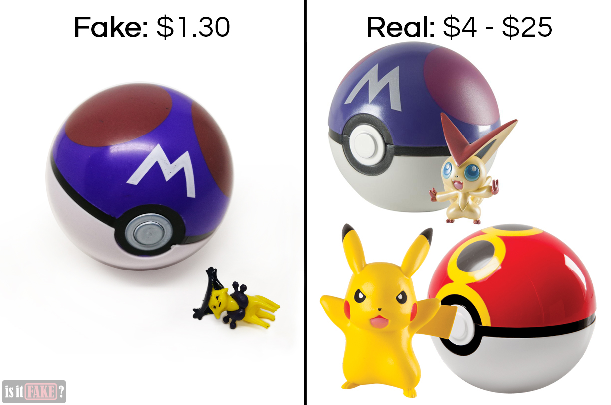 Comparison between fake Pokemon Master Ball, and an official Pokemon Master Ball and Pokemon Ball, with prices mentioned