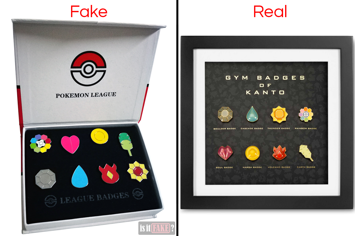 Fake vs. official Pokemon gym badge sets