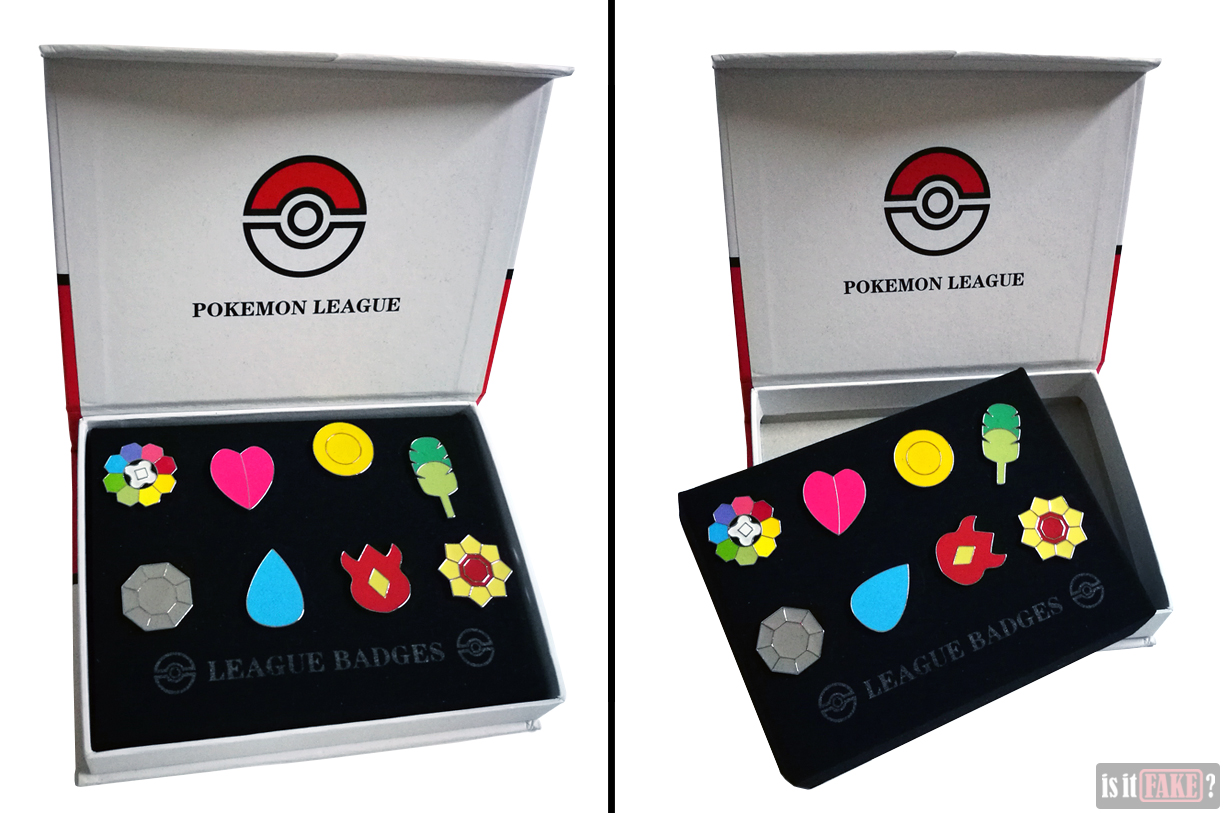 Side-by-side images of fake Pokemon badge set box opened to reveal badges fastened to cardboard insert