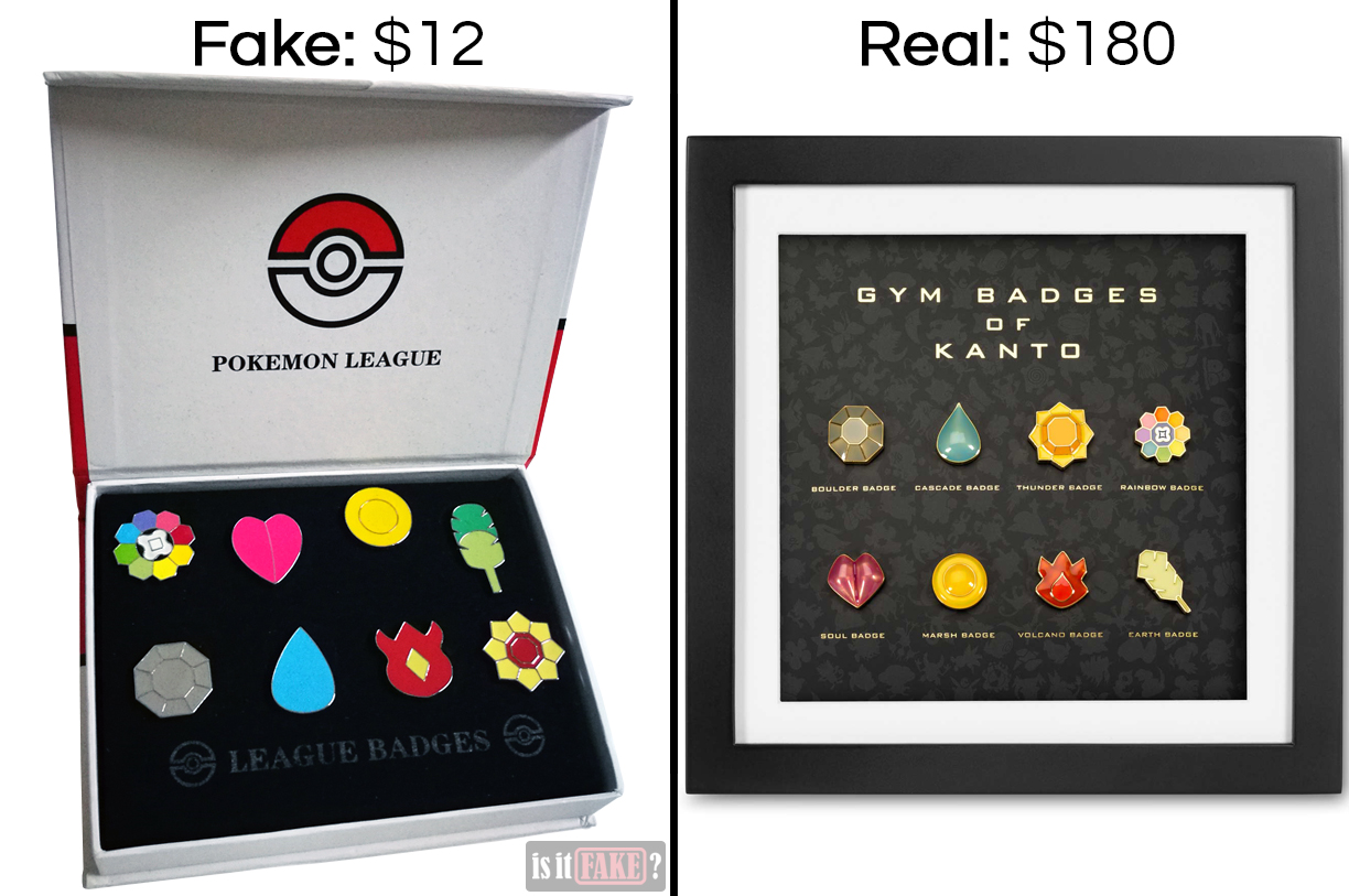 Fake vs. official Pokemon gym badge sets, showing difference in prices