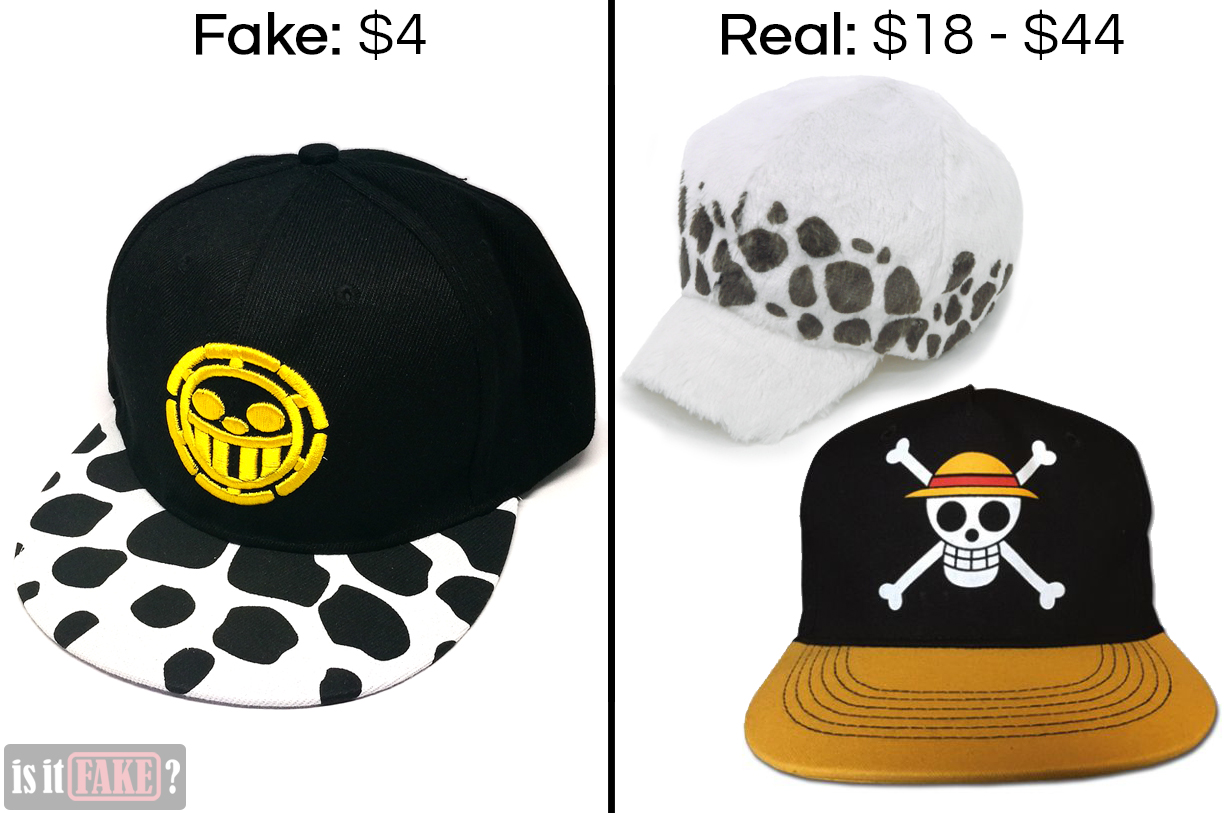 Fake One Piece sports cap vs. Official One Piece headwear, with difference in prices shown