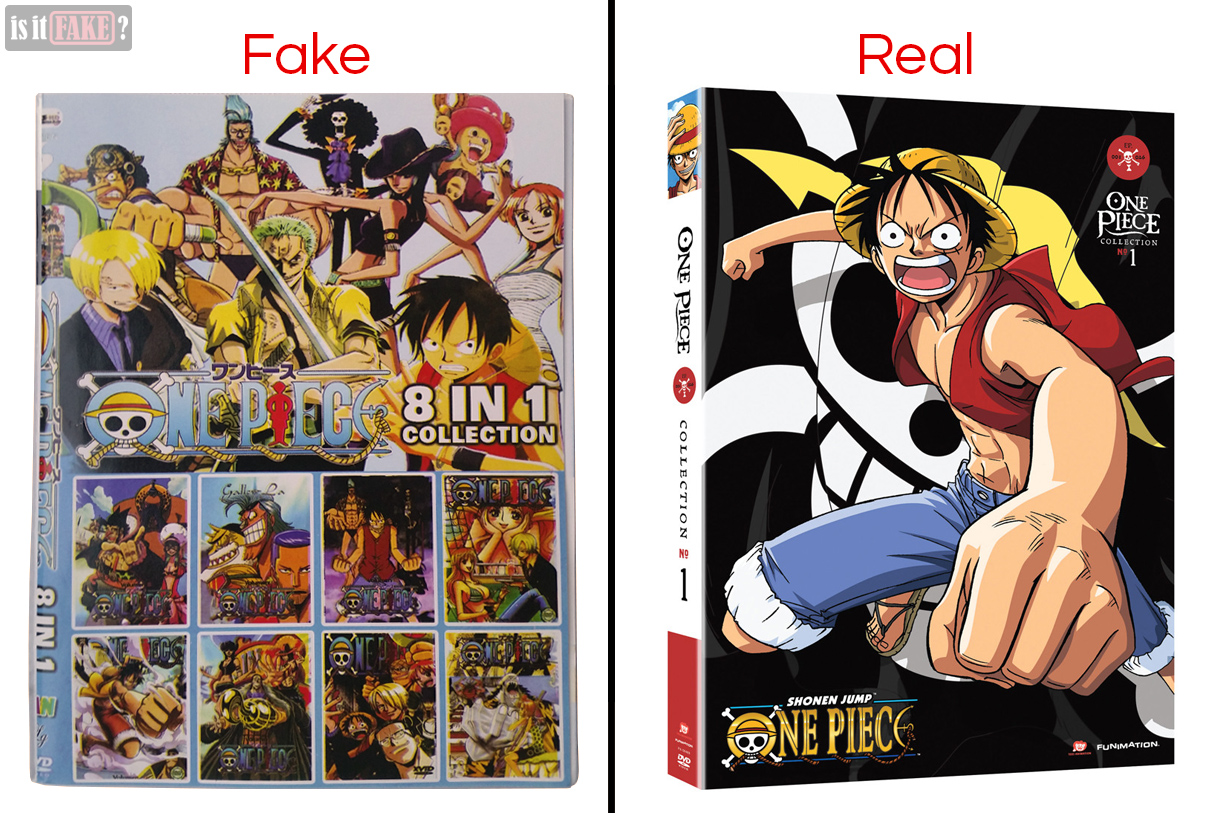 A side-by-side comparison between a fake One Piece DVD and the official One Piece DVD