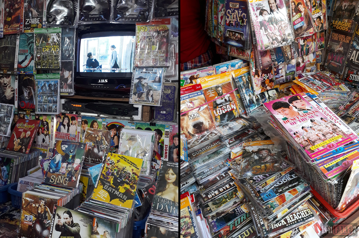 Two photos of a stall selling fake DVDs