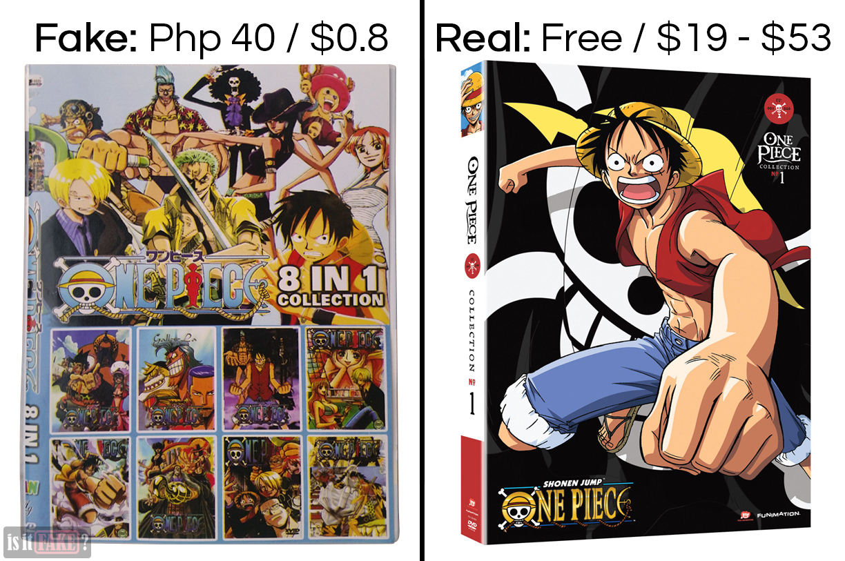 A side-by-side comparison between a fake One Piece DVD and the official One Piece DVD, with focus on difference in prices