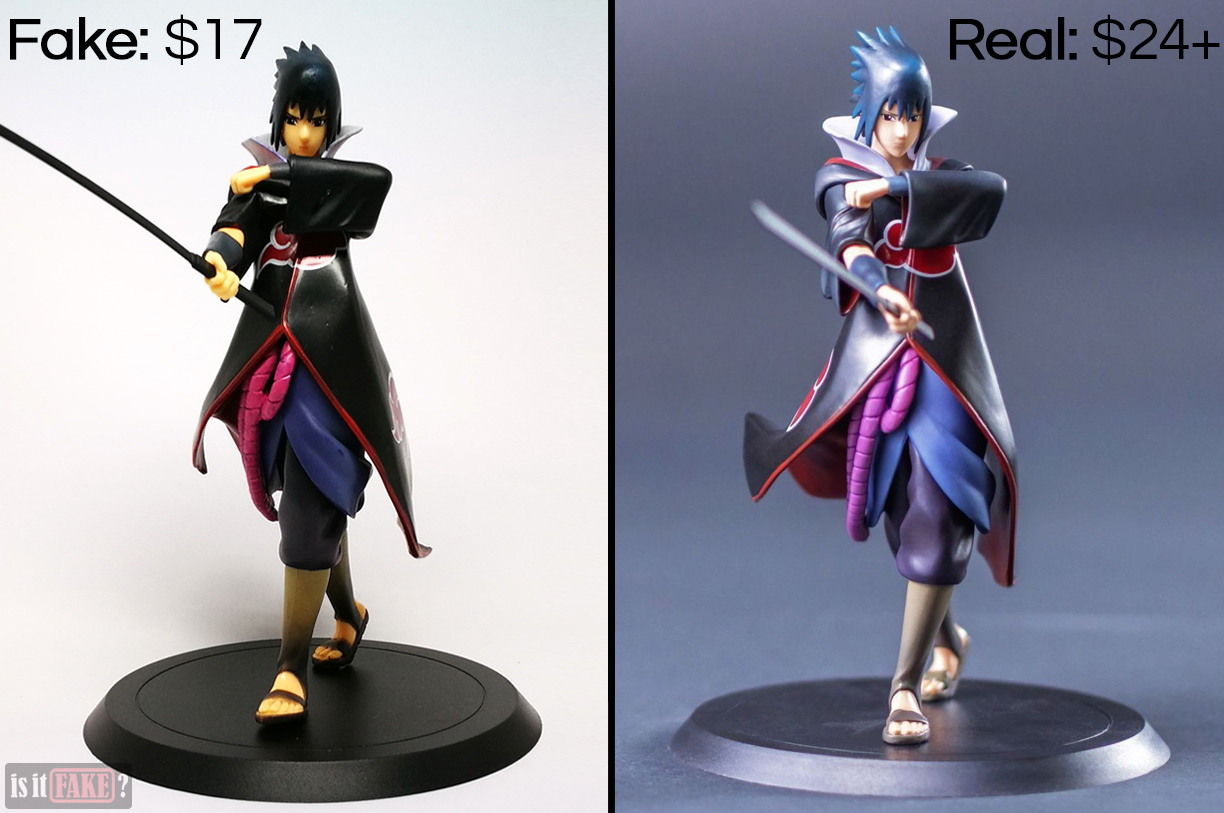 Side-by-side comparison between fake Sasuke Uchiha figure and official Sasuke Uchiha X-tra figure from Tsume, with difference in prices shown