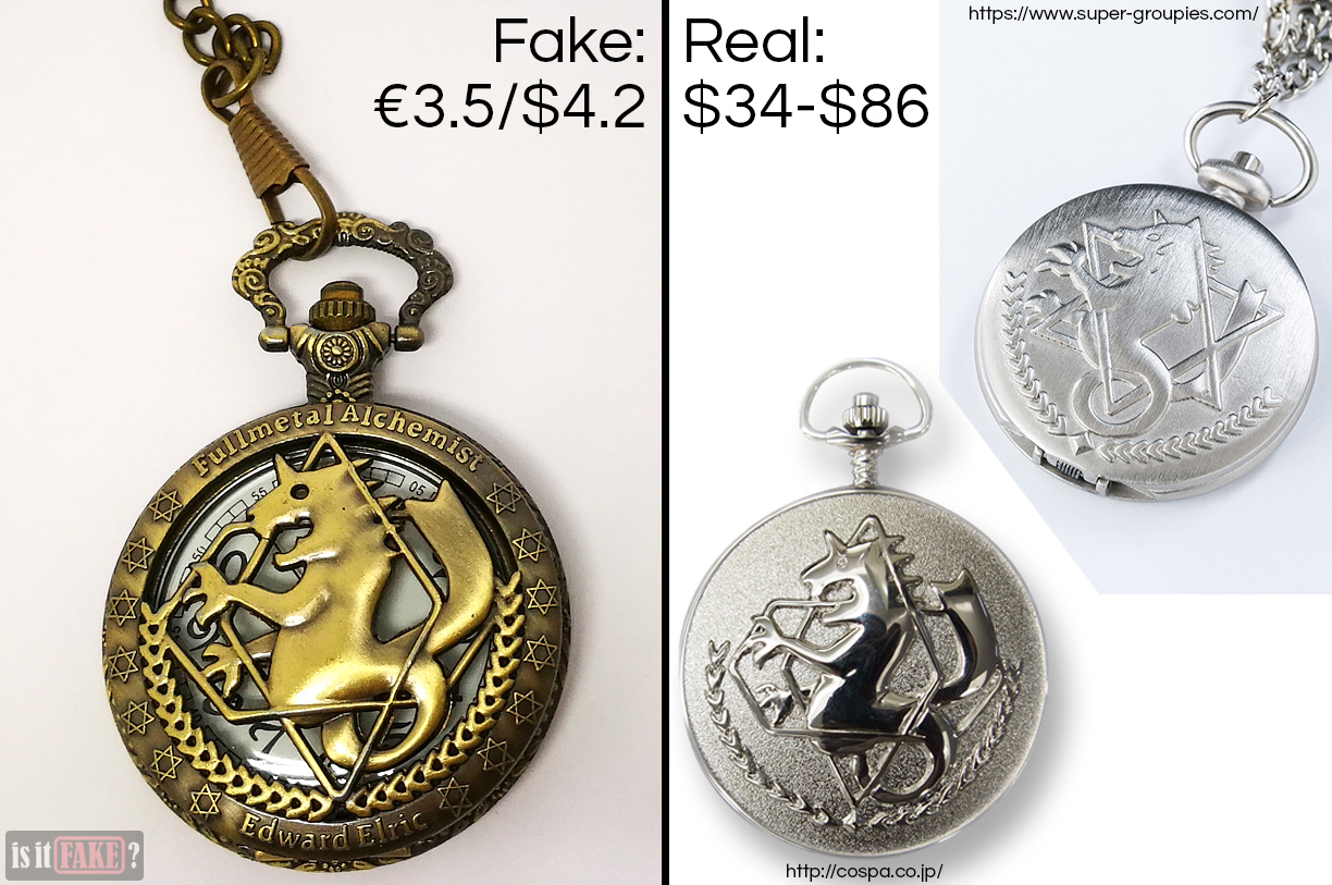 Side-by-side comparison between fake Fullmetal Alchemist pocket watch and official Fullmetal Alchemist pocket watches from Cospa and SuperGroupies, with difference in prices shown