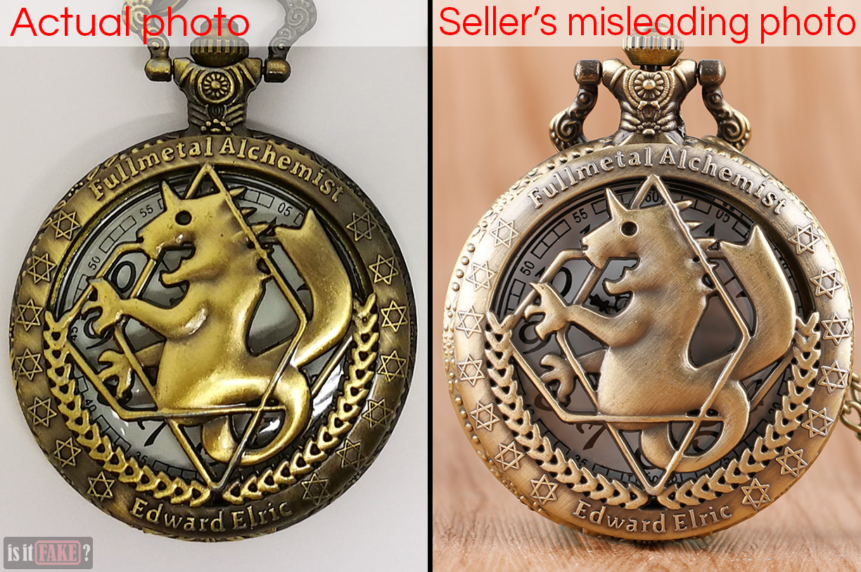 Side-by-side comparison between fake Fullmetal Alchemist pocket watch and pocket watch as featured in seller's photo