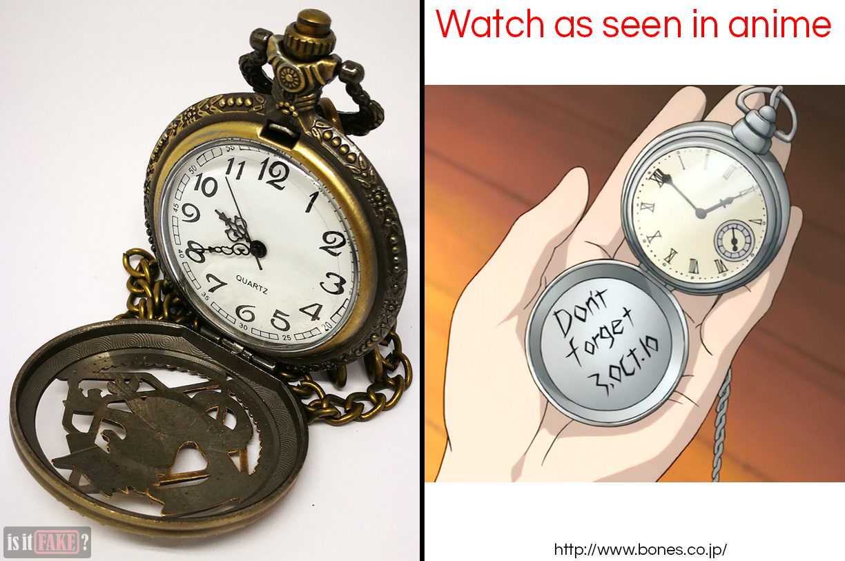 Side-by-side comparison between fake Fullmetal Alchemist pocket watch and pocket watch as featured in anime