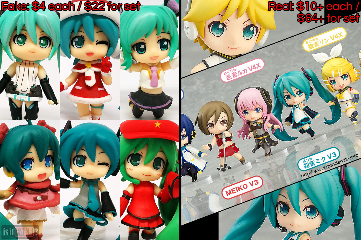 Fake vs. official Nendoroid Petite Hatsune Miku Collection figures, with difference in prices shown