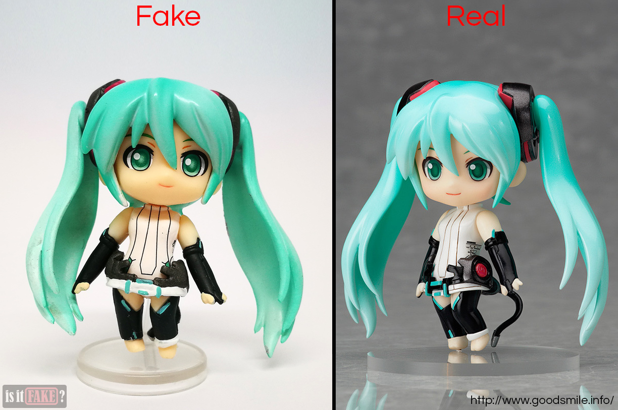 A side-by-side comparison between a fake Nendoroid Petite Hatsune Miku figure, and an official one from Good Smile Company