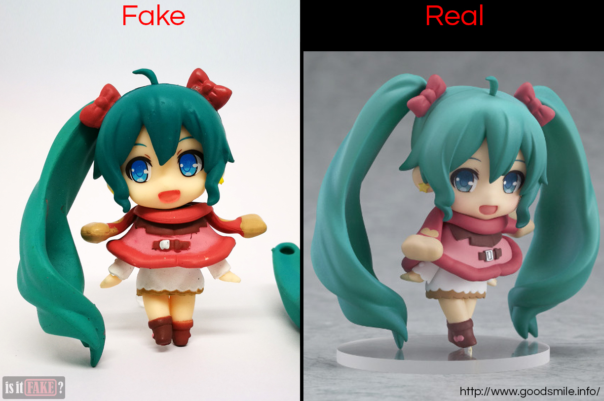 A side-by-side comparison between a fake Nendoroid Petite Hatsune Miku figure, and an official one from Good Smile Company