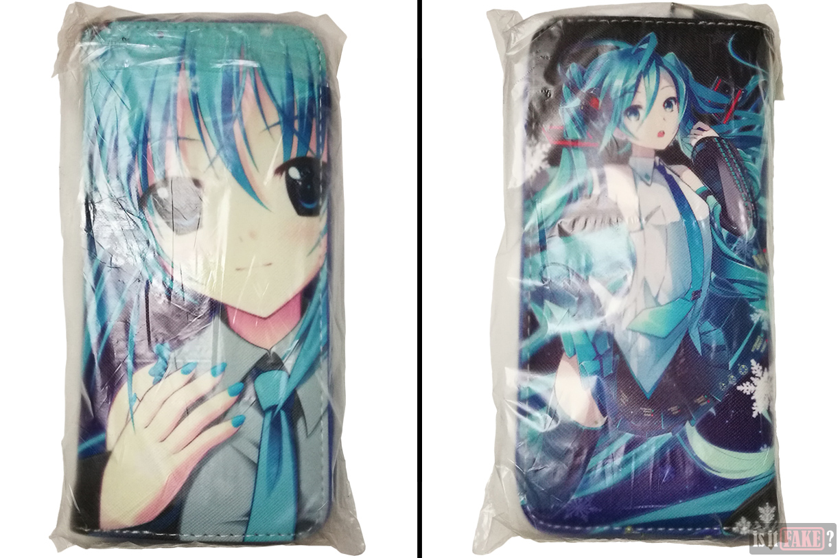 Fake Hatsune Miku wallet in plastic wrapping, both sides