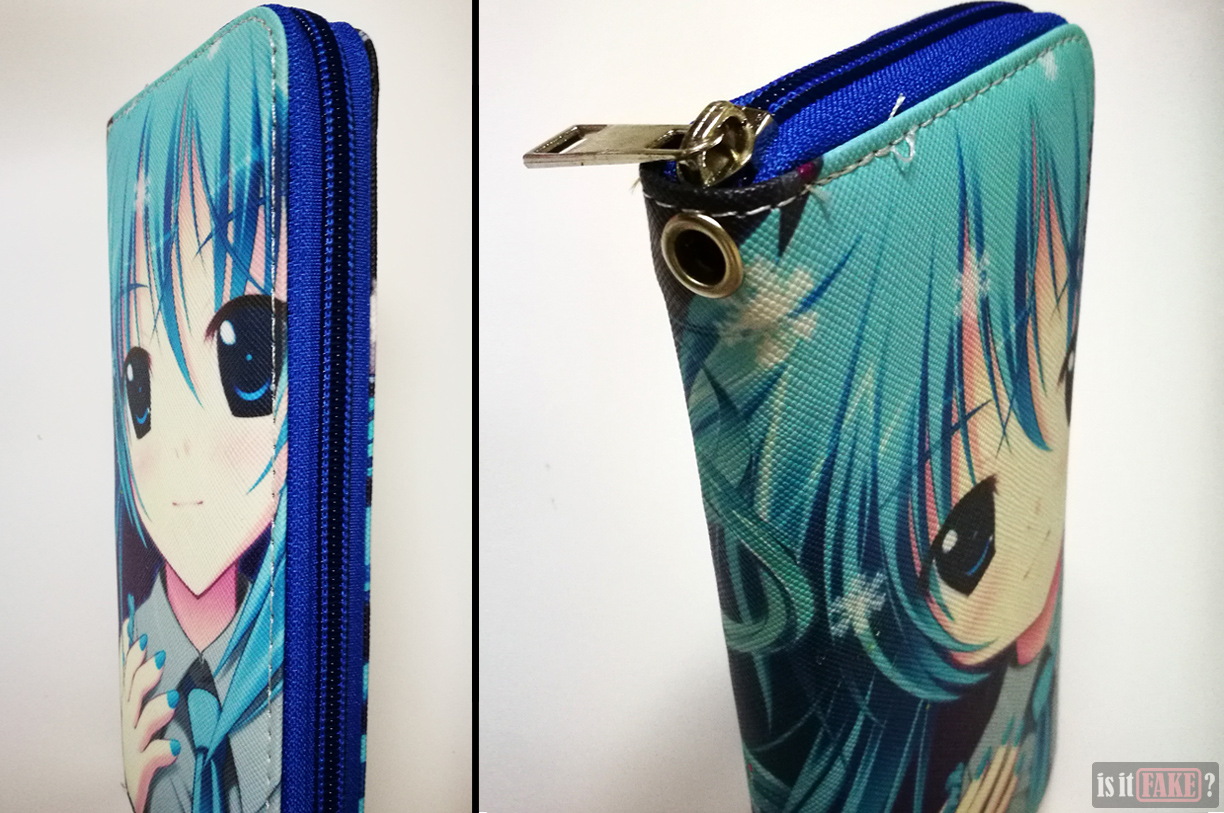 Close-up of fake Hatsune Miku wallet with strap detached