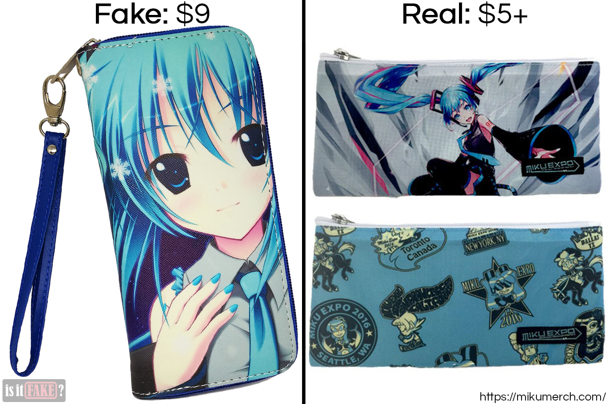 Fake Hatsune Miku wallet vs. official Hatsune Miku wallets, with difference in prices shown