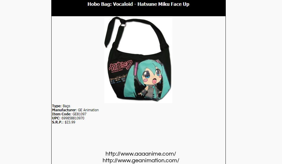 Official Great Eastern Animation Hatsune Miku bag on AAA Anime