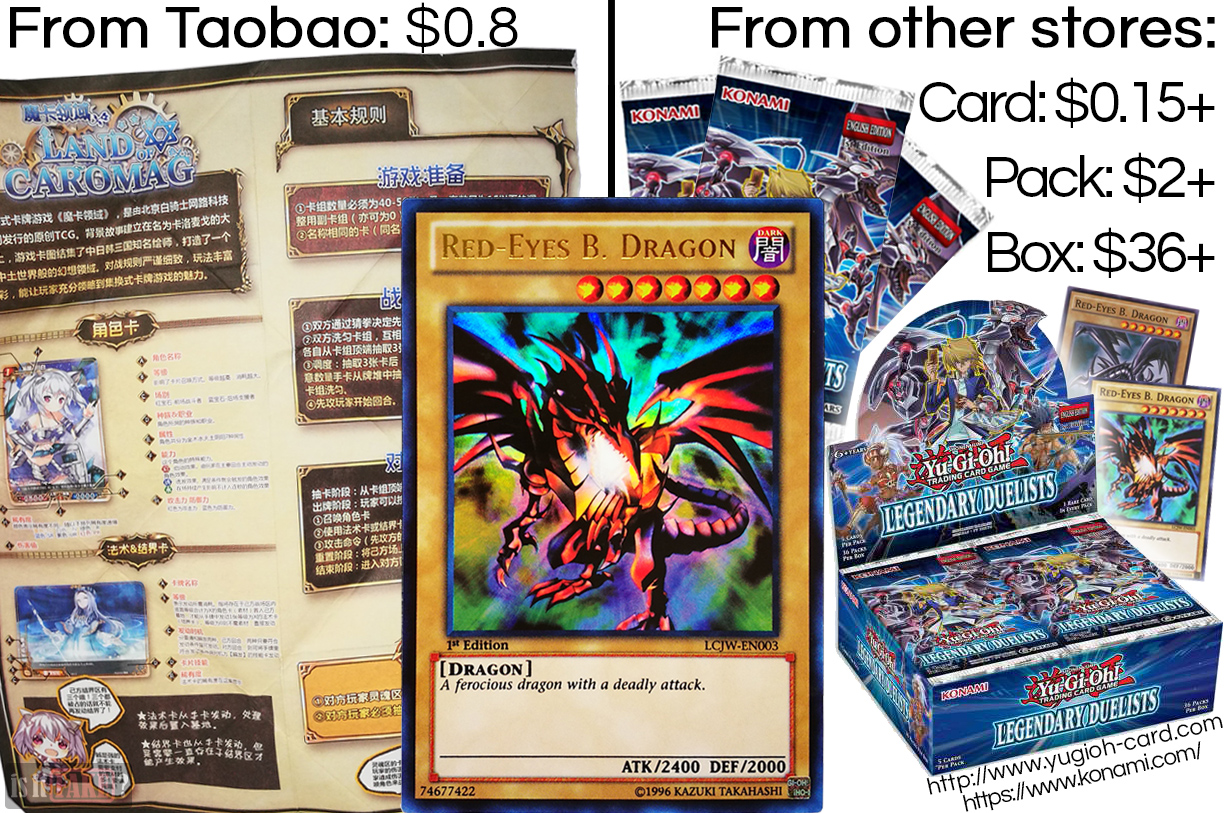 A side-by-side comparison between bootlegger's Red-Eyes B. Dragon card and official Yu-Gi-Oh! boxes and packs