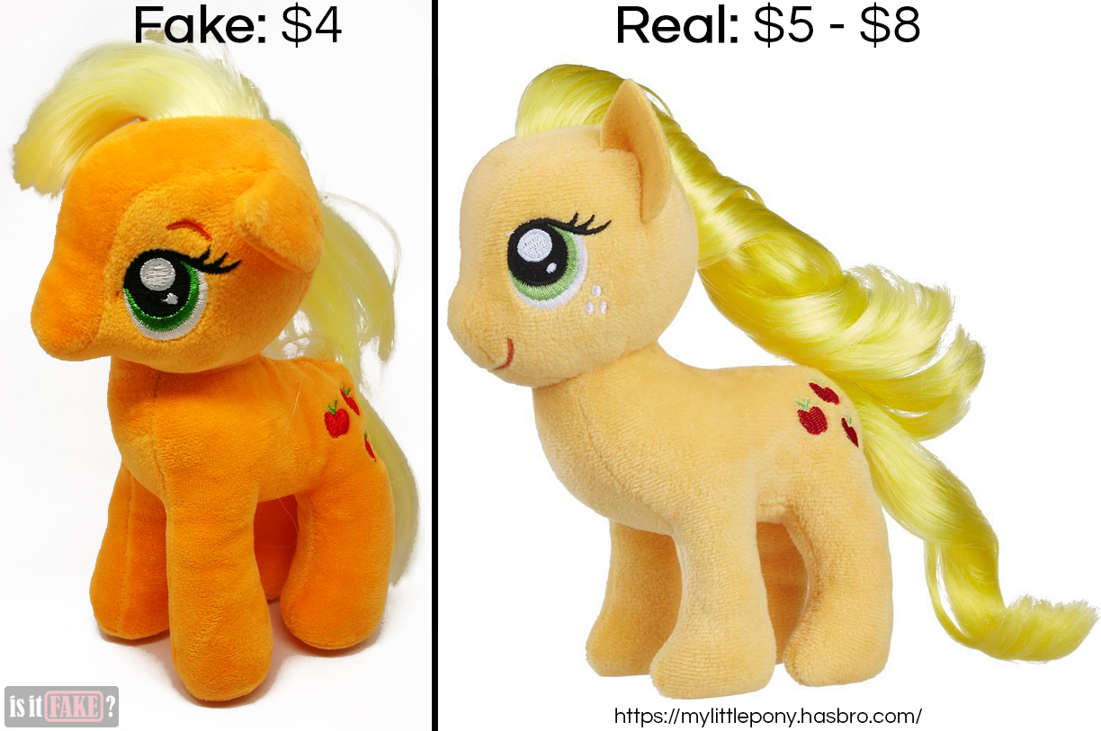 Fake vs. official My Little Pony: Friendship is Magic Applejack plush dolls, with difference in prices shown