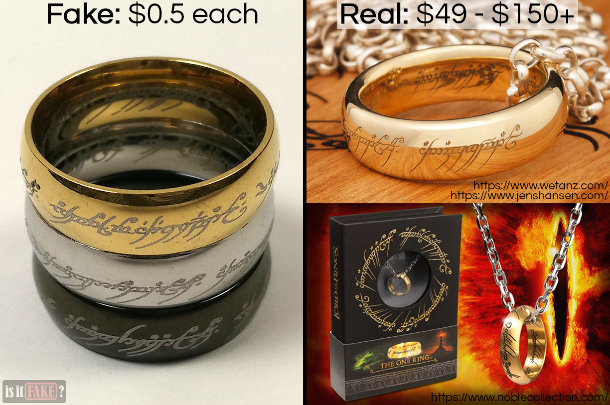 Fake vs. official The Lord of the Rings The One Ring, with difference in prices shown