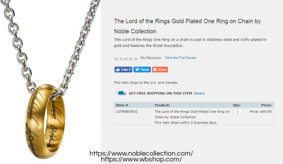 Official The Lord of the Rings gold-plated One Ring on Warner Bros. online store