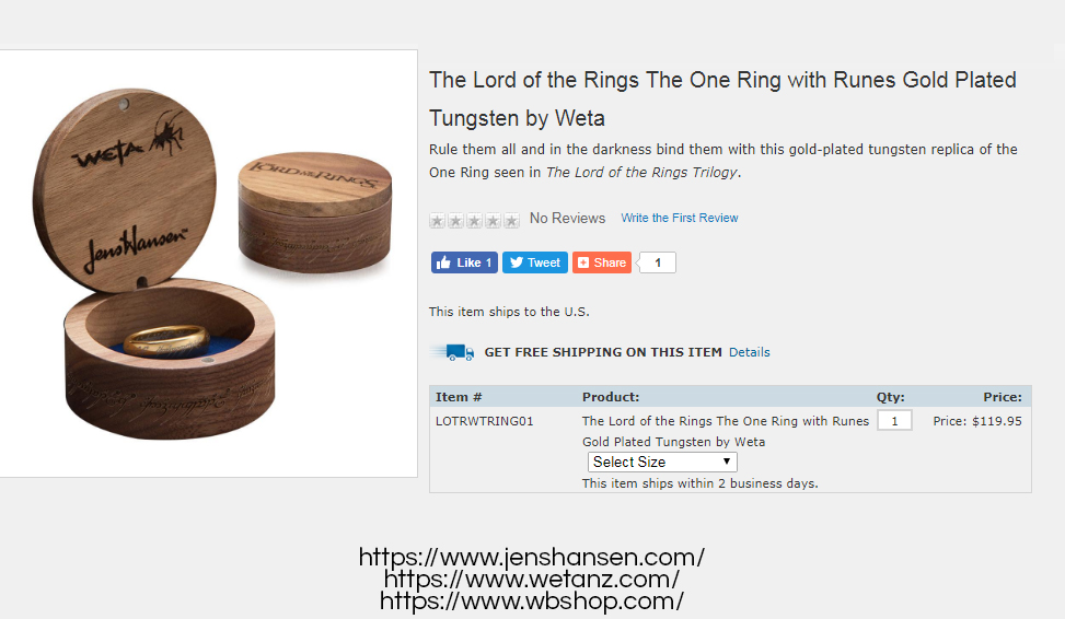 Official The Lord of the Rings gold-planted tungsten One Ring on Warner Bros. online store