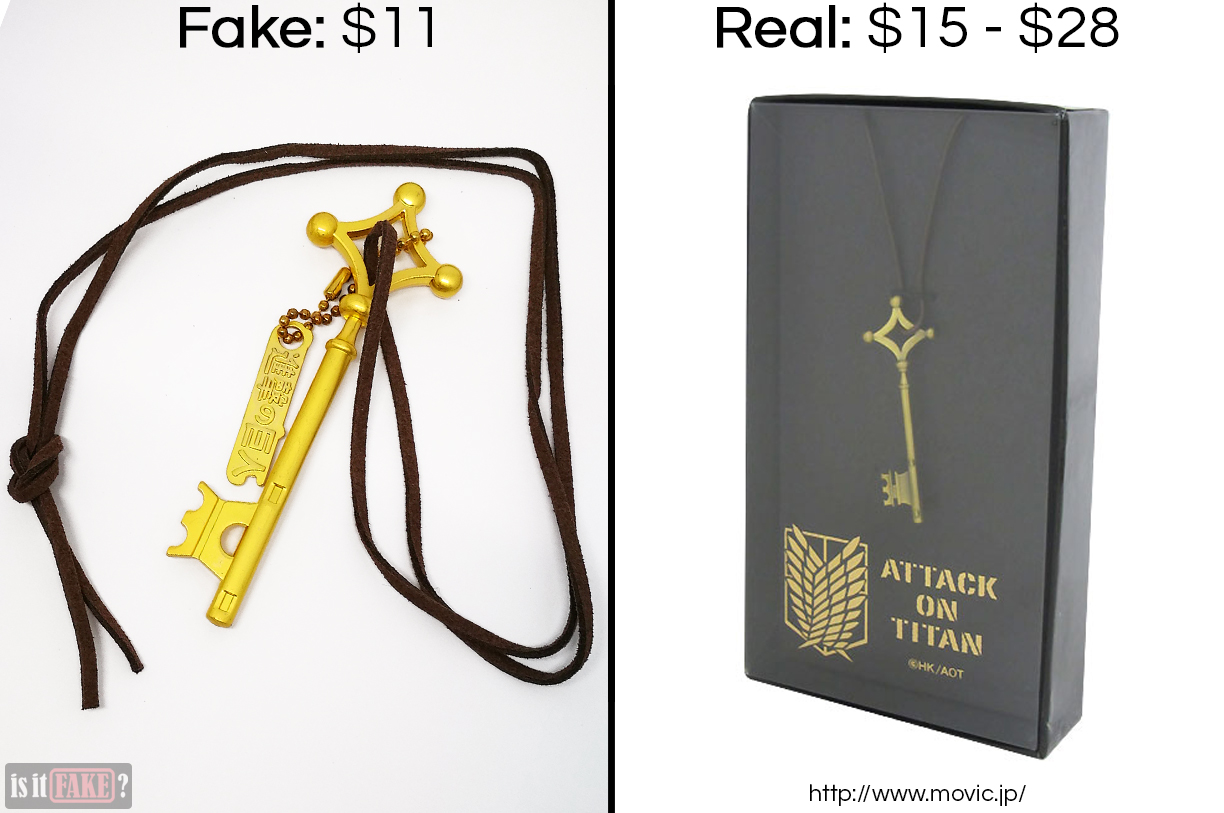 Fake vs. real Attack on Titan key pendant, with differences in prices shown