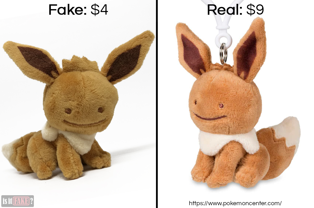 Fake vs. official Ditto as Eevee plush keychain, with difference in prices shown
