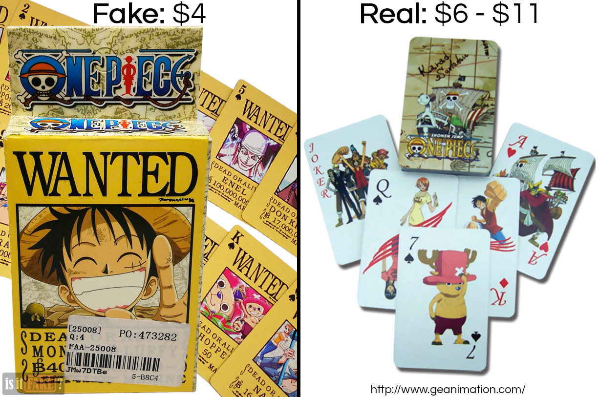 Fake vs. official One Piece poker cards