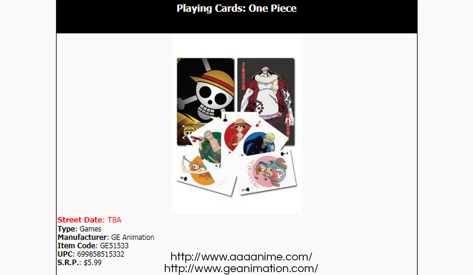 Official Great Eastern Animation One Piece playing cards on AAA Anime