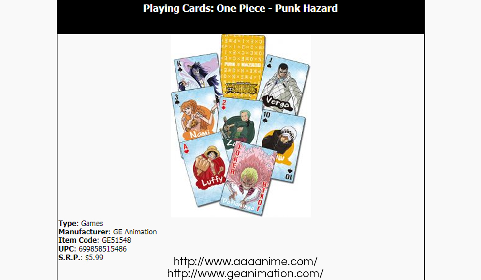 Official Great Eastern Animation One Piece playing cards on AAA Anime