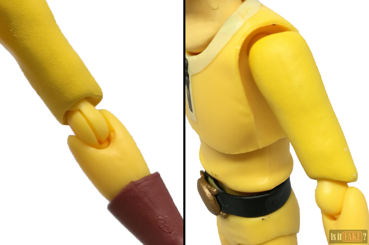 Close-ups of fake Figma One Punch Man figure's left arm, front view