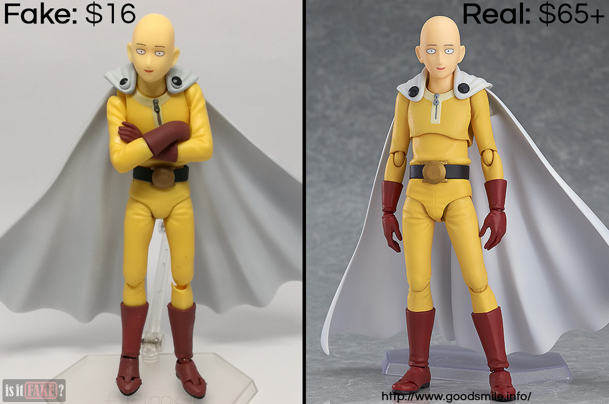 Fake vs. official Figma One Punch Man Saitama, with difference in prices shown