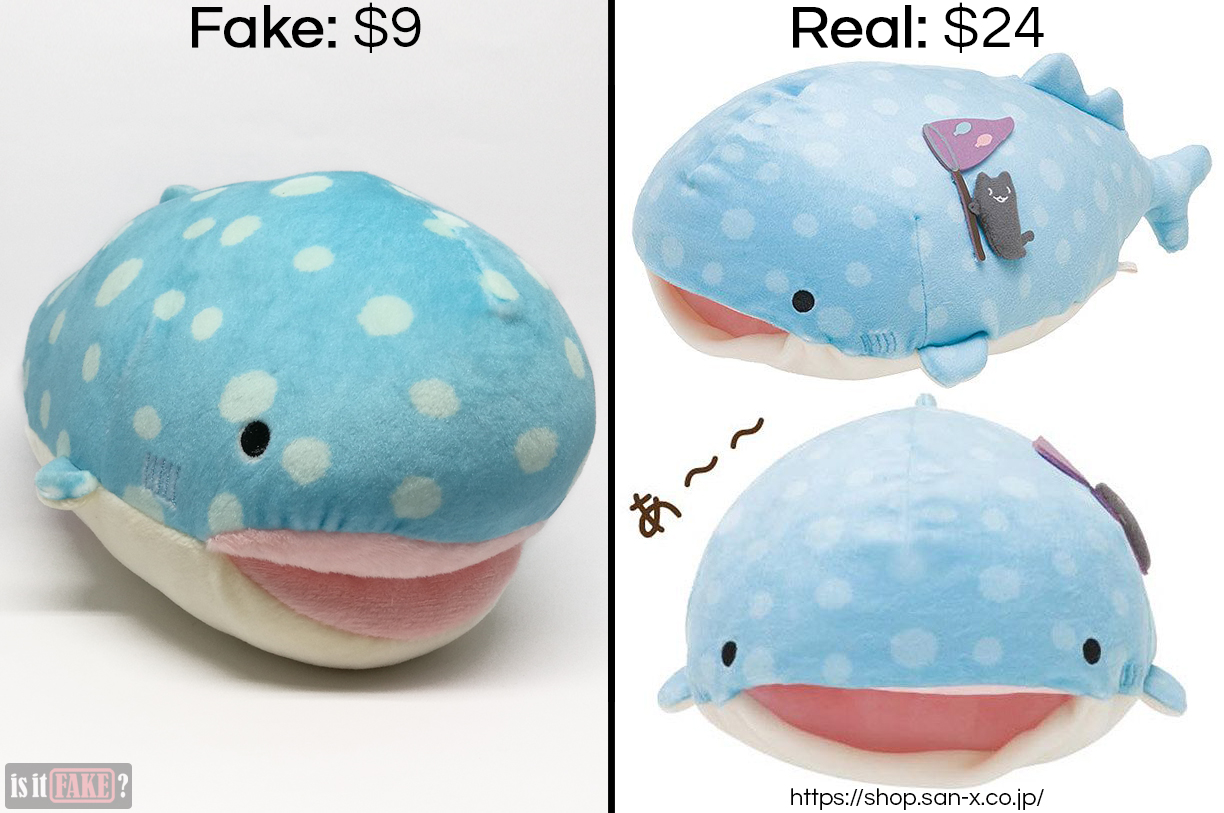 Fake vs official San-X Jinbei plush doll, with difference in prices shown